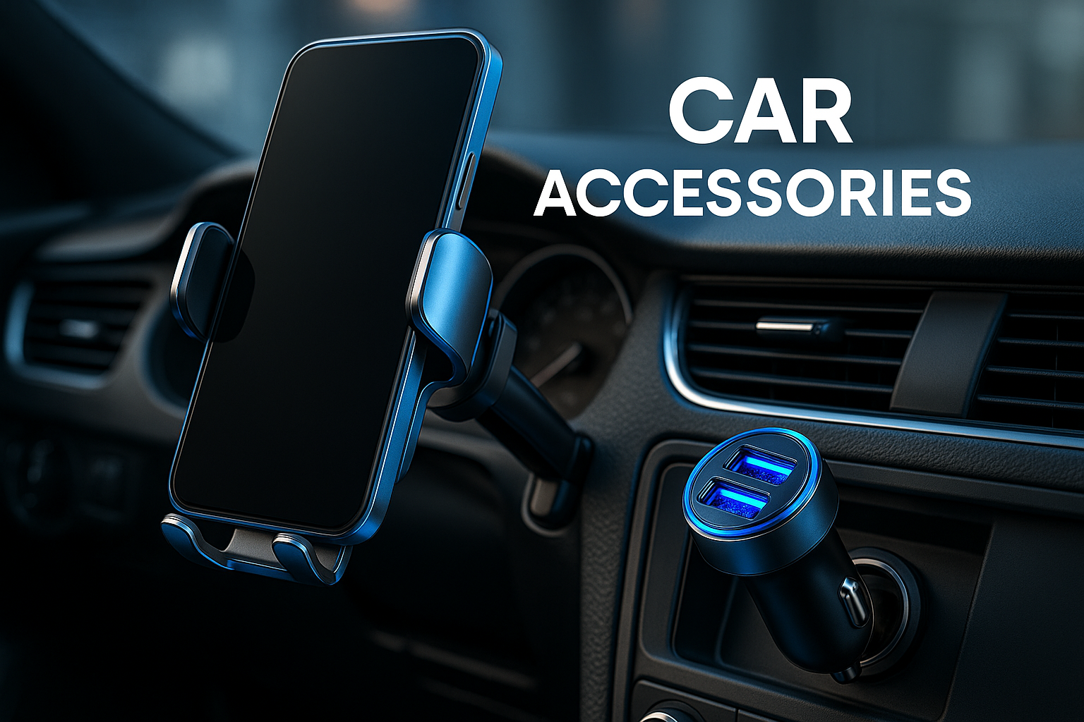 Generate 2048 × 2048 size banner Image Car accessories Car Holder Charger 